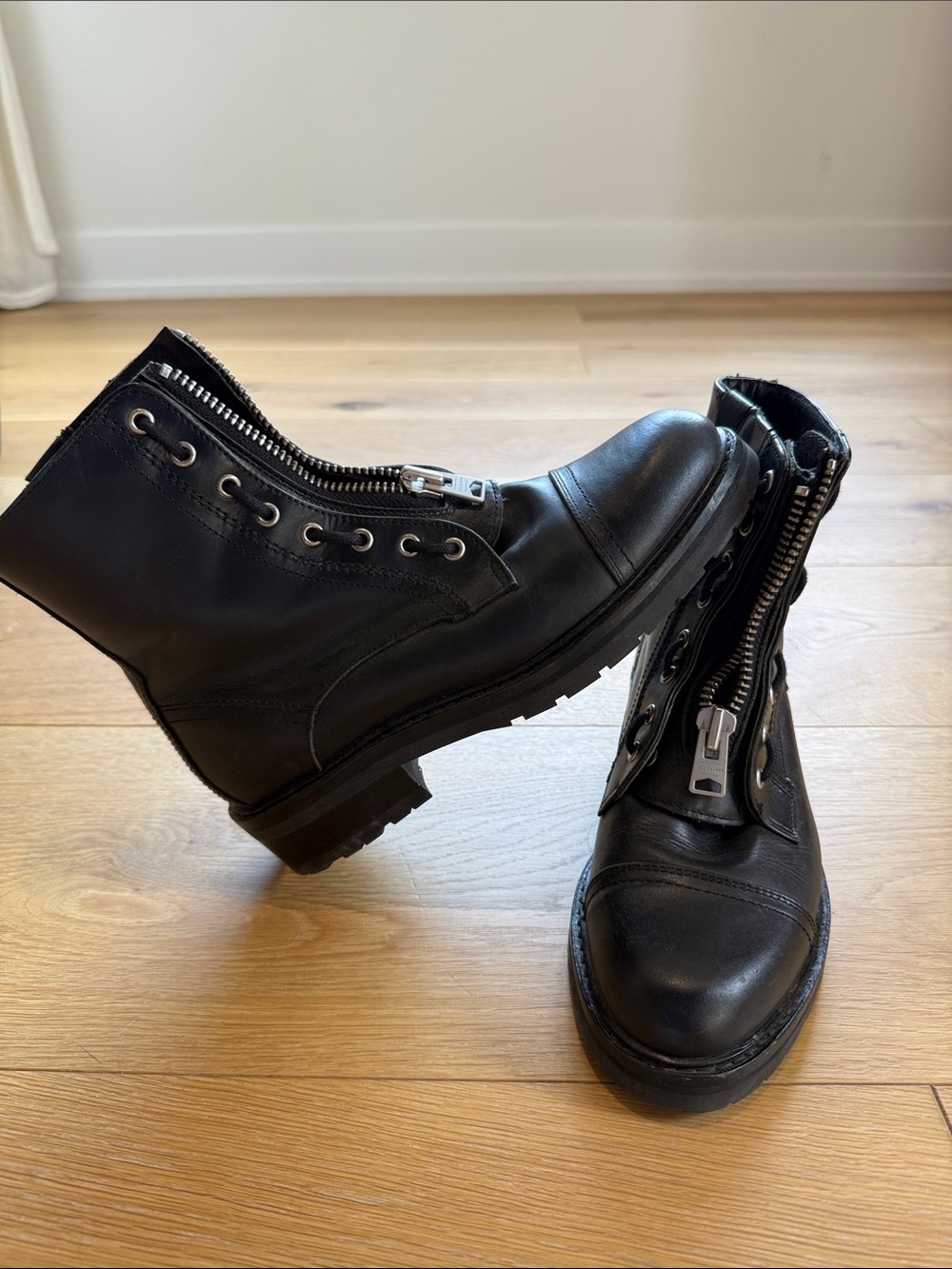 All Saints Black Leather Zip Front Women’s Combat Boots